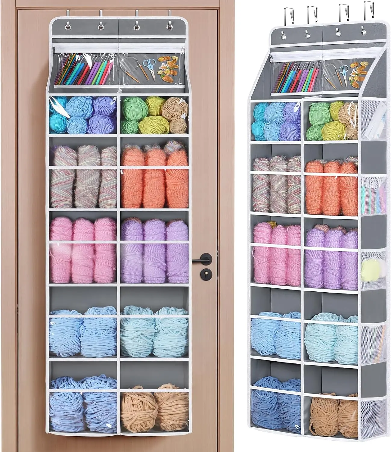 Univivi 6 Tiers Hanging Yarn Storage Organizer, Large Yarn Organizer, Grey | Large Capacity, High Load-Bearing Capacity, 12 Deep Clear Pockets, Over Door Yarn Holder for Crochet Hooks, Knitting Needles Gift