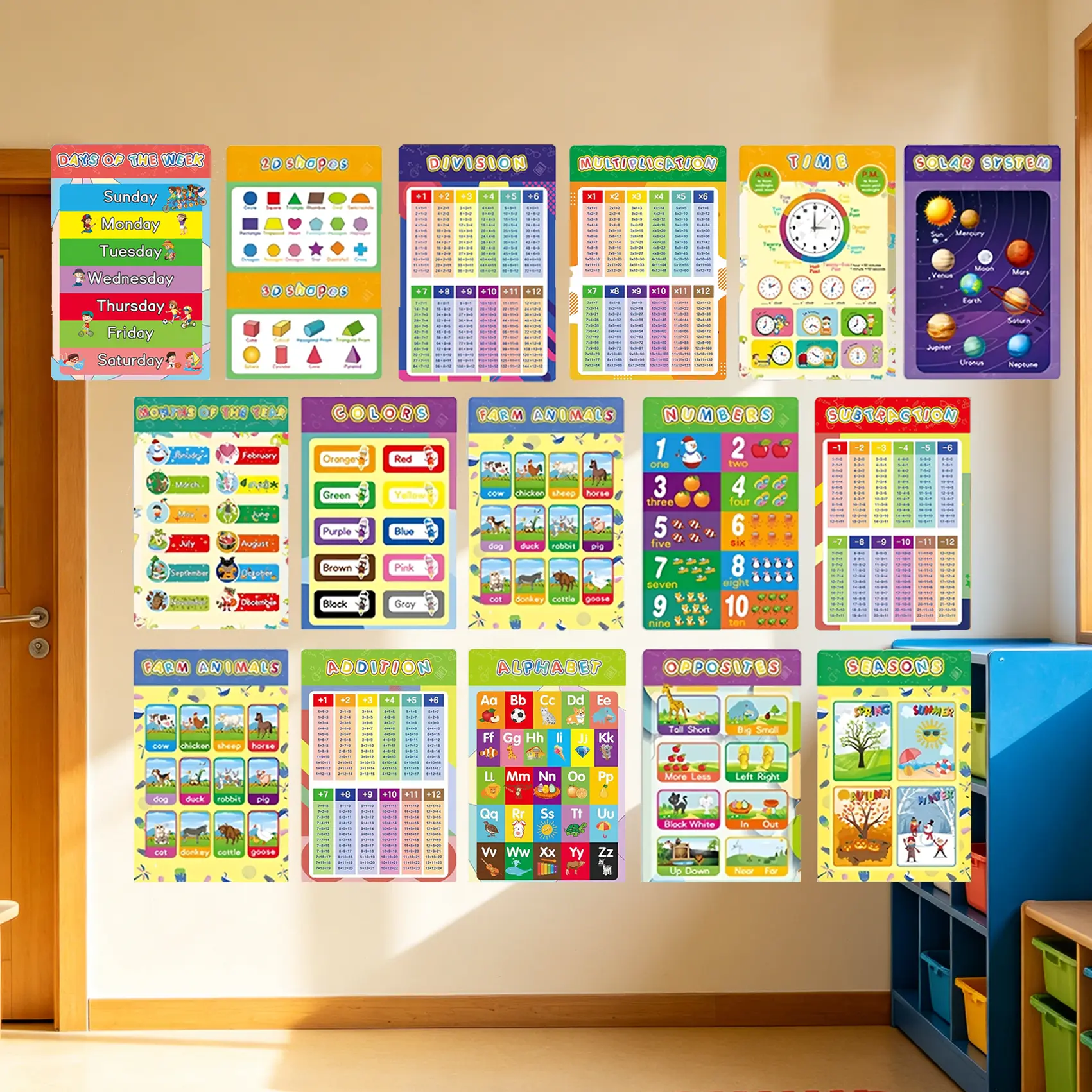16pcs Montessori Learning Posters for Kids 1-5 - ABC, Numbers, Homeschool & Classroom Wall Charts for Toddlers