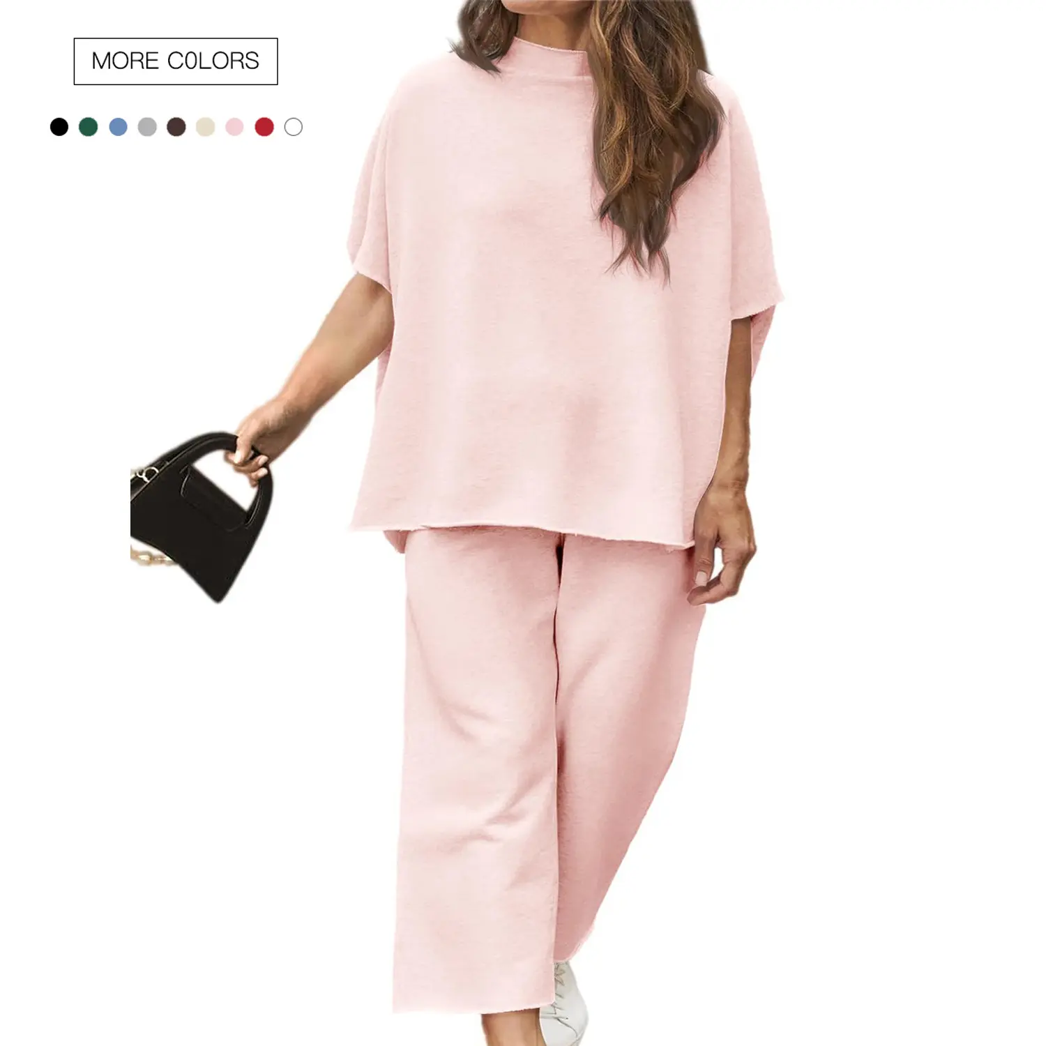 Solid Cotton Blend Lounge Set for Women, Plus Size 2-Piece Slouchy Beach Outfit with 3/4 Batwing Sleeve Top and Cropped Wide Leg Pants with Pockets, Xxl, Lightweight