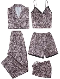 Women's Sexy Comfy 5pcs Silk Satin Leopard Print Pajama Set, Casual Cami Pjs, Sleepwear Button Down Pj Sets Loungewear Pink and White Striped, Blue Navy Black Floral S-XL Womenswear Homewear, Sleeveless, Adjustable Strap tiktokshopspringglowup, outdoorfun