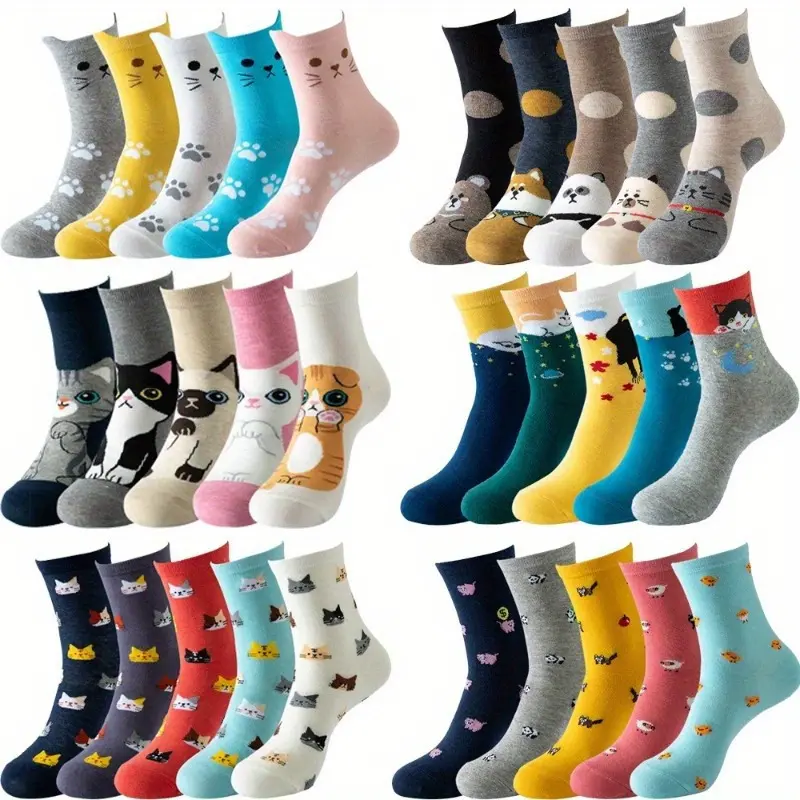 Women's Calf High Socks, 10-Pair Pack of Soft Cozy Hosiery with Cute Owl & Animal Prints for All Seasons Casual Wear, Cute Designs, Soft Hosiery, Mid-Calf Socks
