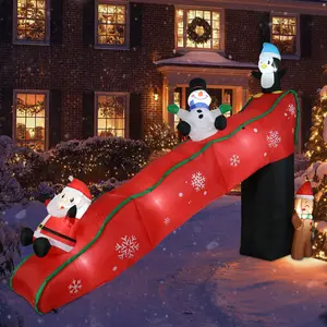 9FT Christmas Inflatable Slide Decor with Santa, Snowman, Penguin & Gingerbread Man – LED Lit, Outdoor Decoration for Yard Holiday Ambiance,Christmas Decor