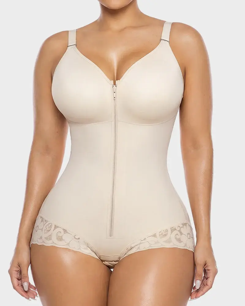 LUXSEREN Women's Basic Minimalist Style Hook Eye Faja Body Shaper Bodysuit - Adjustable Straps, Zippered Lace-Trimmed Waist Trainer, Tummy Control, Hip Compression, Breathable Fabric, Bottom Support, All-Season Slimming, Postpartum Recovery Fit