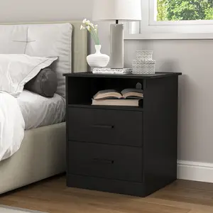 Spaco Modern Charging Nightstand with 2 Drawers & Open Shelf – Black Finish, 2 AC Outlets + USB/Type-C Ports, Ball Bearing Slides, Scratch/Water Resistant