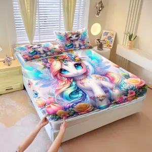 3 Pcs Unicorn print fitted sheet set,Includes 1 Fitted Sheet & 2 Pillowcases without Filler,Soft, cute, comfortable, warm, and anti-pilling,Suitable for children and teenagers, multiple styles available.