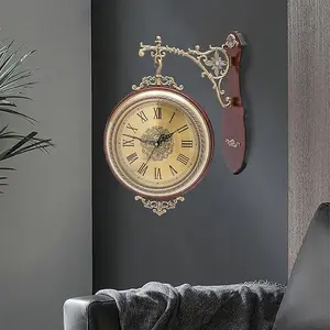 Vintage Double-Sided Round Quartz Wall Clock - Silent Move, Solid Wood & Metal Construction, Large Dial, Mechanical Wall Mount Home Decor for European Living Rooms, Creative Timepiece