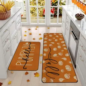 Autumn pumpkin pattern kitchen mat set, non-slip kitchen rug, kitchen floor mat set of 2, Thanksgiving design, soft and comfortable, machine washable and rollable, autumn harvest festival gift, multifunctional and suitable for kitchen area, living room