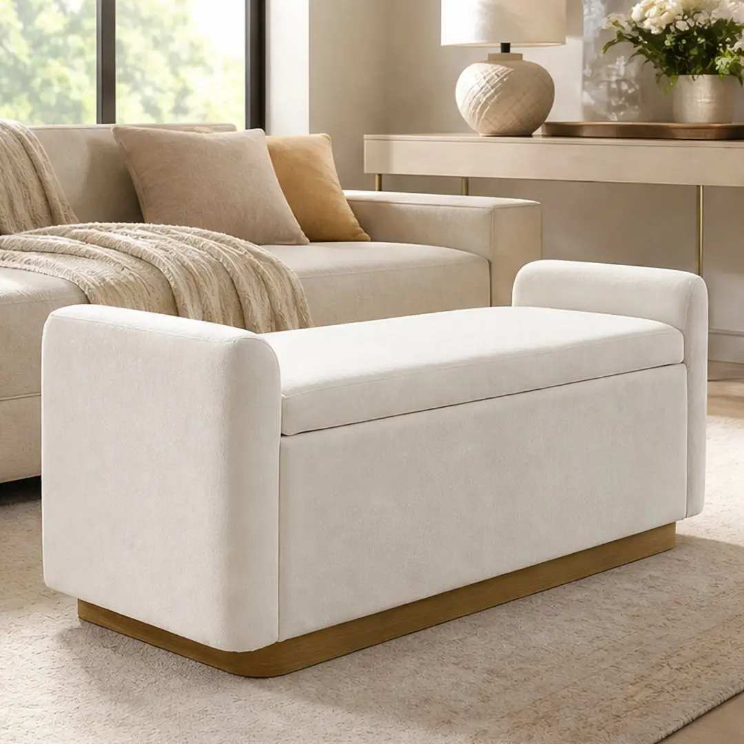 ARCH 49" Upholstered Chenille Storage Ottoman Bench with Safety Hinge, Gold Metal Base, Pine/Plywood Frame, 17.00" w x 49.00" d x 20.50" h, 40.00 lb, 350 lb Capacity, Hidden Storage, Assembly Instructions, Footrest for Living Room Bedroom, Foam, Hardware,