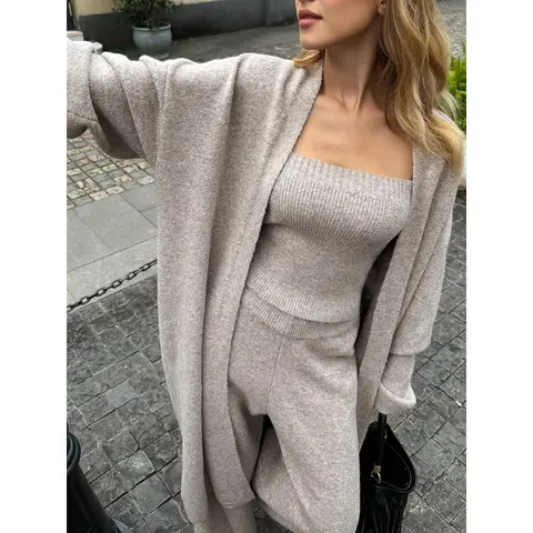 COMMENSE Women's Slim Skinny Basic Casual 3-Piece Knitted Matching Set Outfit - Knit Bustier, Cardigan, Pants