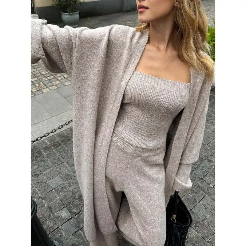 COMMENSE Women's Slim Skinny Basic Casual 3-Piece Knitted Matching Set Outfit - Knit Bustier, Cardigan, Pants