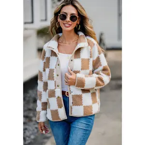 Checkered Snap Down Long Sleeve Teddy Jacket