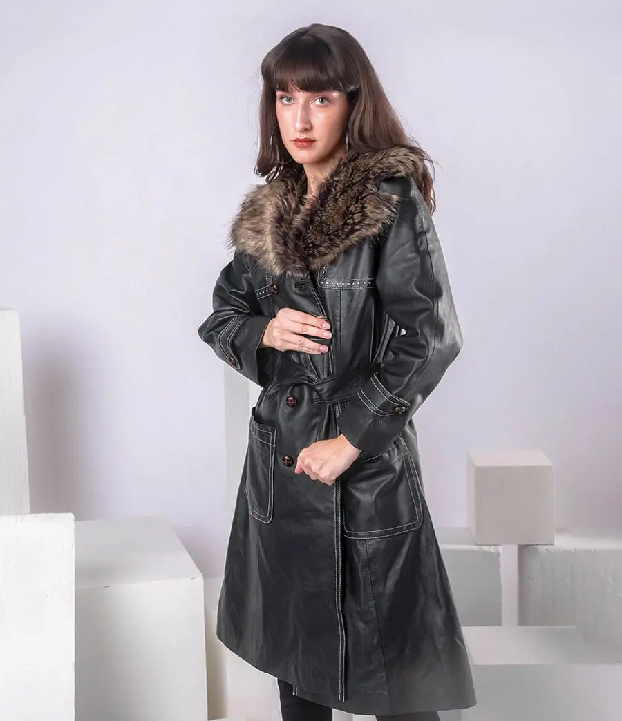 ROYAL JULEP BLACK LONG LEATHER COAT WITH FAUX FUR LINING