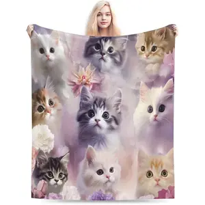 Kawaii Cat Blanket, Soft Plush Flannel Animal Throw Blanket - Cozy Warm Kittern Stuff Blankets Bedding Cat Gifts for Lover Women Girls Kids Adults