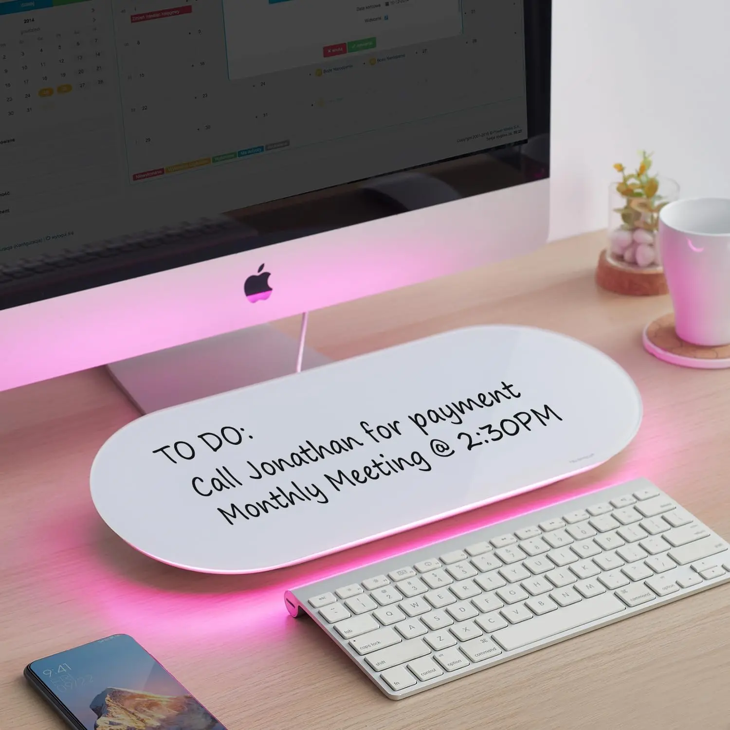 Glass Desktop Whiteboard - 17 X 7 Inches Small Dry Erase Board with Pink Light, Glass White Board Surface Notepad with 1 Drawer, Desk Organizers for , Home, School Supplies