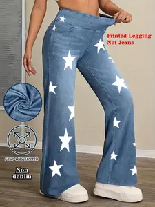 Women's Printed Skinny Jeans, Casual Fake Denim Style, Elastic Stretchy Material, All-Season Wear, Versatile Design