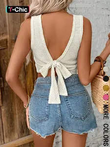 Women's Plain Tie-Back Waffle Knit Fitted Cropped Camisole Tank Top, Casual Comfy Sleeveless Top for Daily Wear, Ladies' Top for All Seasons