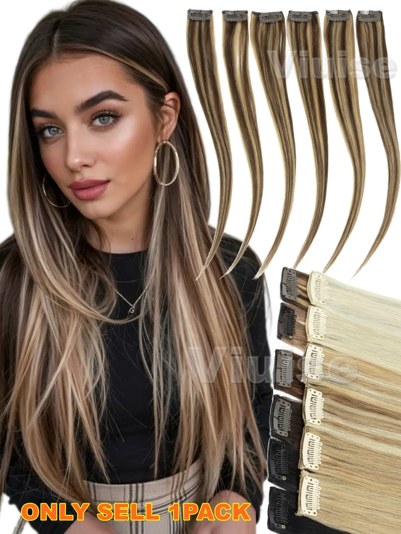 6PCS Glueless Clip In Volume Hair Extensions Set, Single Card Clips, 100% Real Human Salon Hair Extensions, Natural Hairpieces Straight Hair, Smooth & Fine Tail, Perfect for Daily Wear & Parties,Highlight Fashion Hair Style