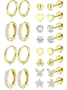Gold Stud Hoop Earrings for Women, Hypoallergenic Steel Earrings for Sensitive Ears, Comfortable Flat Back Earring for Sleeping/Daily, Nickel-Free Cartilage Earring Stack Set for Multiple Piercing Jewelry 12Pairs