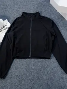 Women's Yoga Jacket, American Style Sport Windproof Stand Collar Sun Protection Coat, Breathable Quick-Dry Short Zipper Fitness Top