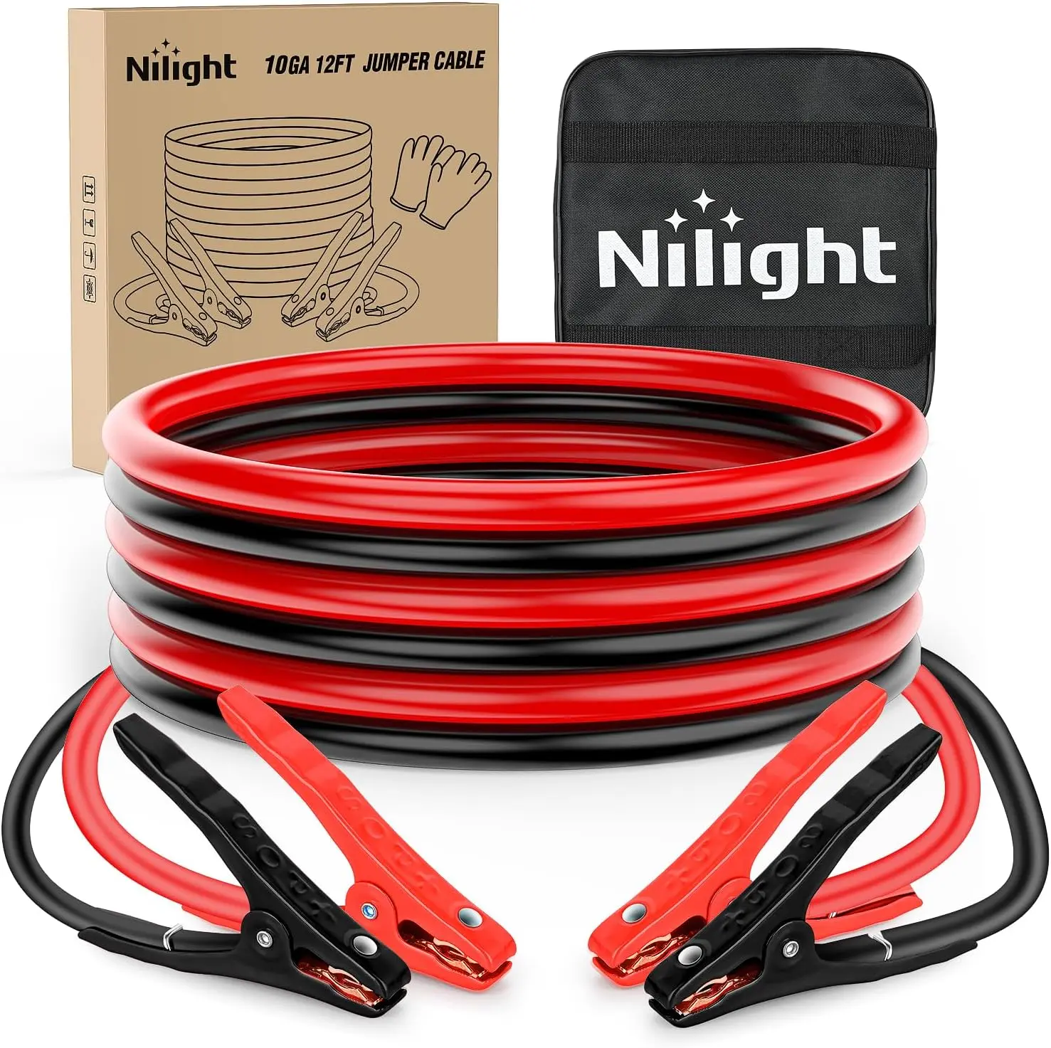 Nilight High Power Car Battery Jumper Cables - 10 Gauge, 12 FT Heavy-Duty 200 A CCA Booster Cables with Carrying Bag, Emergency Repair Boost Kit for Cars, SUVs