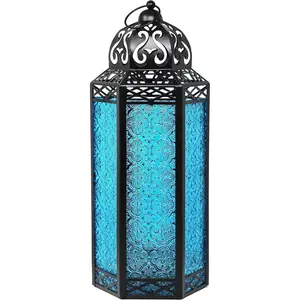 Extra Large Black Metal Decorative Floor Moroccan Lantern Candle Holder Lamp - Indoor/Outdoor, Floral Glass, Home Decor, Patio, Weddings, Christmas Iron Colorful Light Hanging