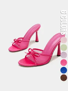 2026 Summer New Candy Color Mesh Bow High Heel Mules for Women, Open Toe Hourglass Heel Slip On Slides, Sexy Transparent Satin Bow Heeled Sandals with Non-Slip Sole for Party Club Daily Wear, 6 Colors Available
