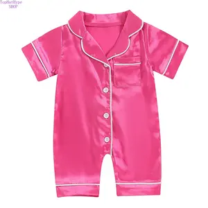 Unisex Newborn Baby Silk Satin Pajama Romper, Button‑Down Short Sleeve Infant PJs Jumpsuit & Nightgown, Soft Smooth Breathable Loungewear for Boys Girls, Perfect for Daily Sleepwear, Summer Bedtime & Casual Indoor Rest