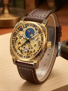 A men's golden retro trend casual business engraved moon-phase hollowed-out brown leather watch with fully automatic mechanical movement