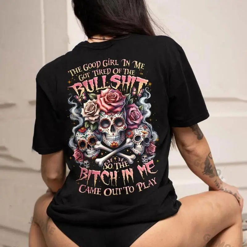 Women's Soft Cotton Skull Print Round Neck Short-Sleeve Tshirt - Comfy, Lightweight, Seamless Underarms, Smooth, Solid Design, All Seasons Casual Daily Wear, Ideal 3XL Gift for Her