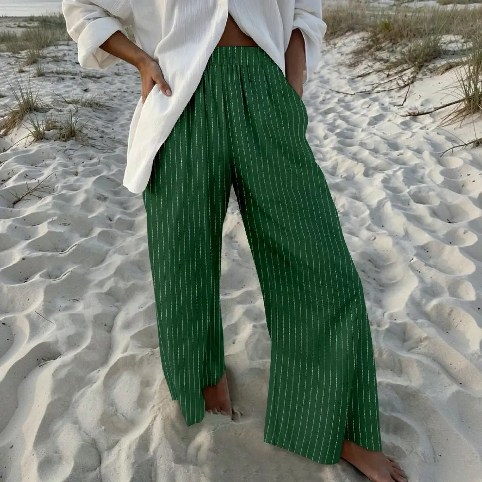 Summer Breathable Striped Linen Trousers / High-Waisted, Versatile, Casual Wide-Leg Pants — Breathable and Skin-Friendly, with Excellent Drape; Features an Elastic Waistband for Everyday Casual Wear.