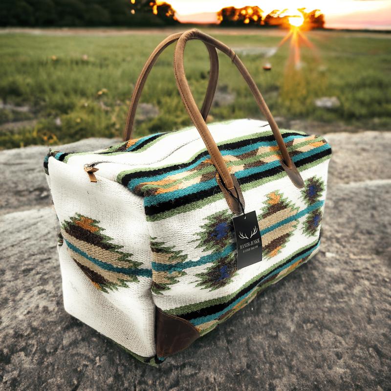 Boho Aztec Large Weekender Southwestern Duffel Bag Aspen Saddle Blanket Bag 100% Leather Handles