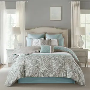 Luxe 8 Piece Comforter Set - Transitional Design with Pieced Quilted Details, Partial Damask Print, Microfiber Comforter & Shams, Embroidery Detail, All Seasons