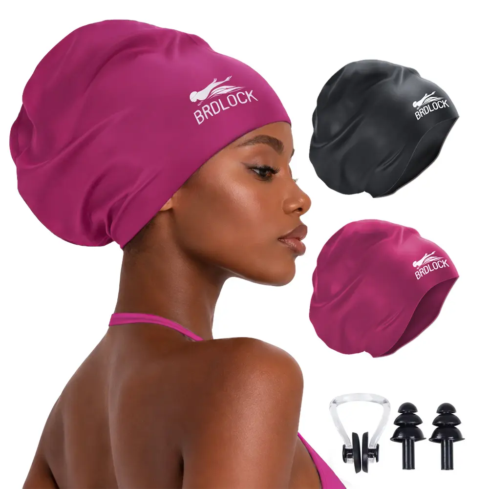 BRDLOCK 2-Pack Extra Large Silicone Swimming Caps for Women, Waterproof Unisex Swim Accessories for Long Hair and Braids, Braided Fit, Long Hair, Braids