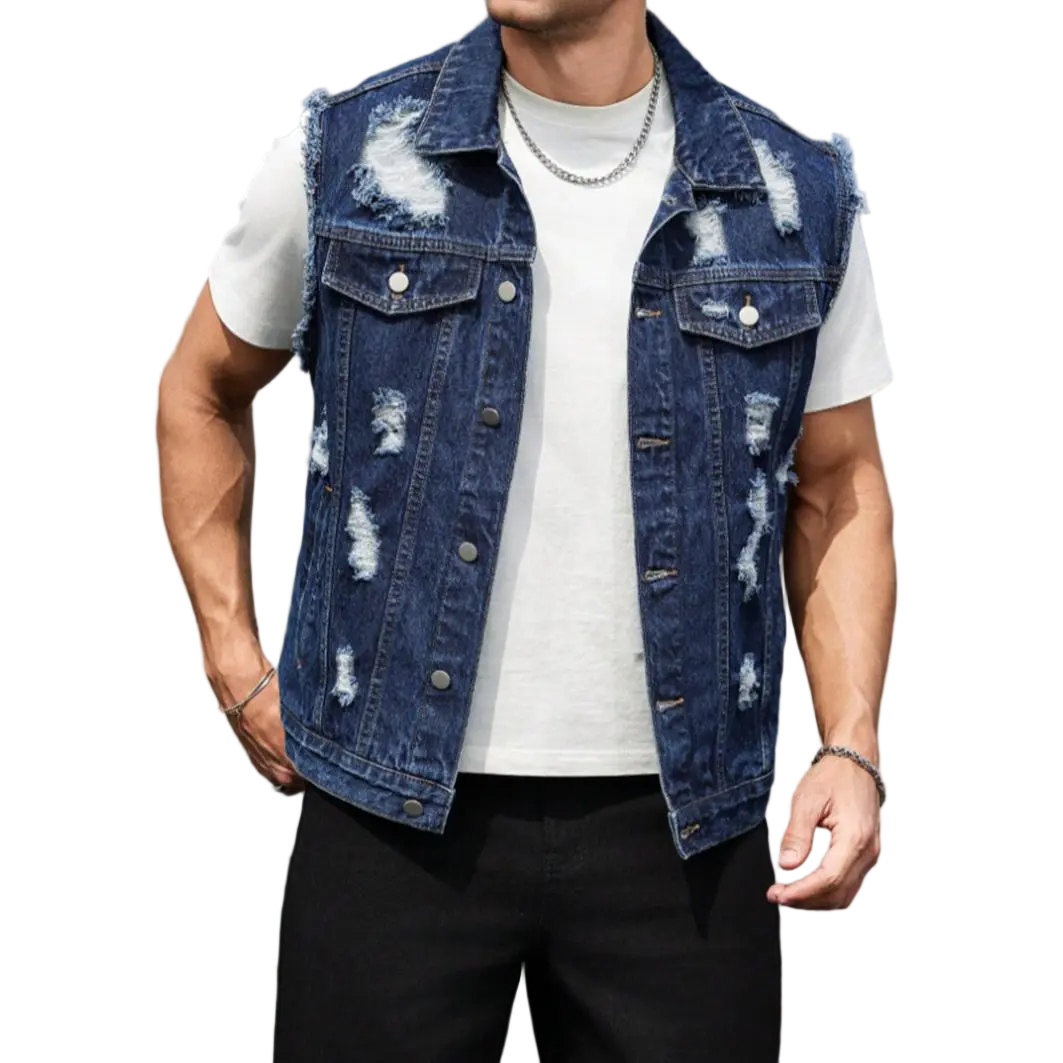 Street wear Y2K blue ripped washed men's denim jacket trendy high street versatile short sleeved vest outdoor casual men's jacket