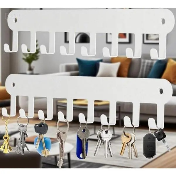 Adhesive Wall Key Organizer with 8 Hooks, No-Drill Decorative Key Rack for Home, White Key Holder for Living Room Kitchen Bathroom, Space-Saving Mountable Storage Solution Minimalist Light Lightweight Pack Set Stainless Black wall set