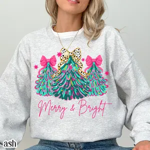 Christmas Sweatshirt Merry & Bright Xmas Tree Sweater Pink Holiday Festive Bow Lights Pullover Cute Jolly Tee Merry Christmas Mom Crewneck Sweatshirt