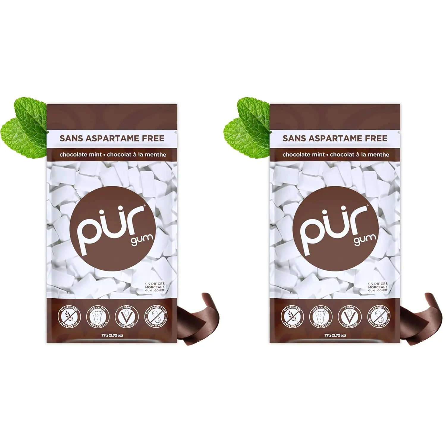 PUR Gum | Aspartame Free Chewing Gum | 100% Xylitol | Natural Chocolate Mint Flavored Gum, 55 Pieces (Pack of 2)