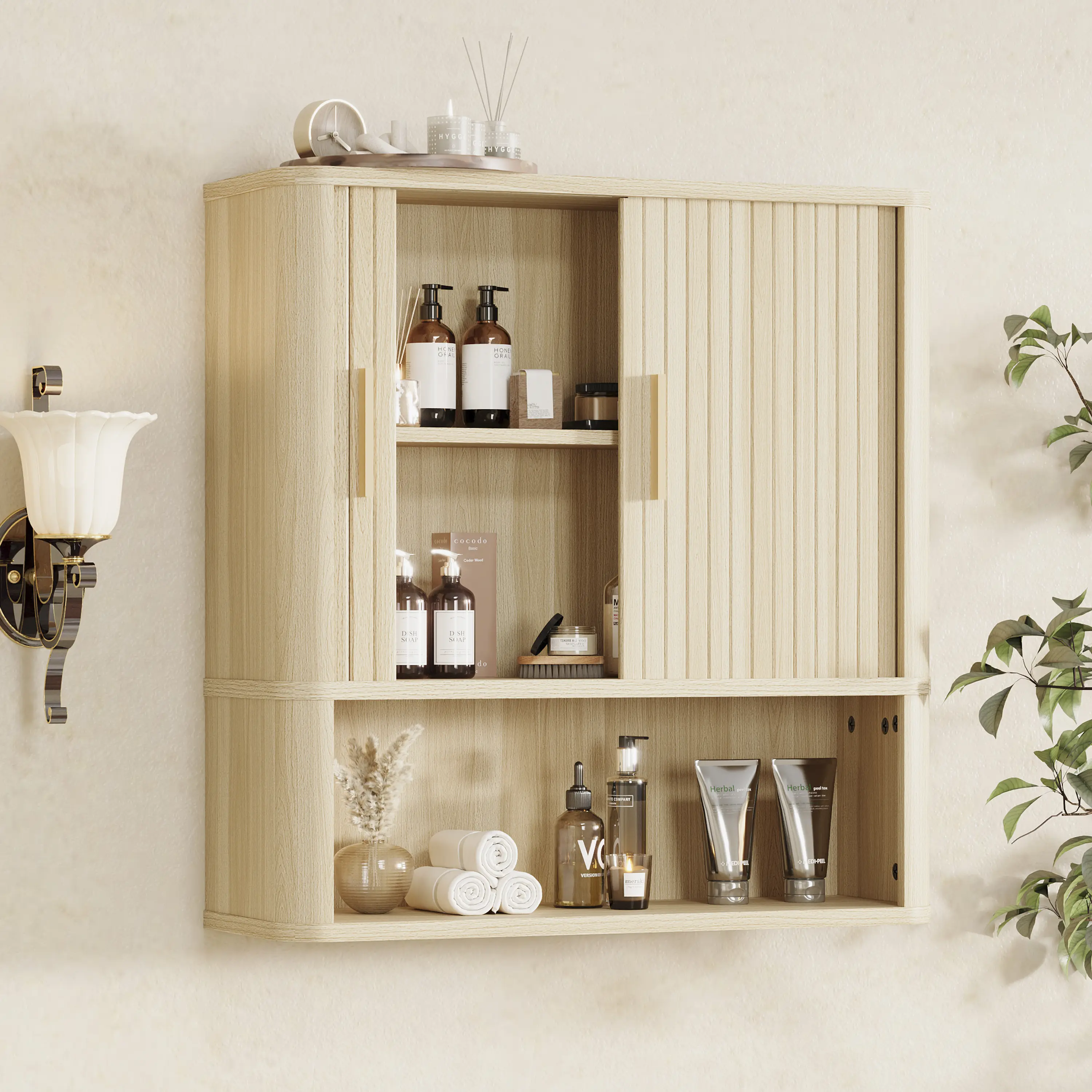 【Wall-Mounted Bathroom Cabinet】DHH 23.6-Inch Fluted Over-Toilet Storage with Tambour Sliding Doors, Adjustable Shelf & Open Cubby, Natural Wood campingessentials