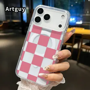 Pink Checkered Pattern Pattern Magnetic Phone Case for iPhone 17 16  Pro Max Plus 15 14 13 12 11 Air E Non-Yellowing Clear Crystal Drop-proof Slim Silicone Shockproof Transparent Acrylic Large Hole Cover Supports Wireless Charging