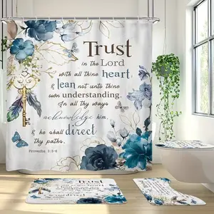 1/4pcs Blue Floral and Prayer Design Shower Curtain Set, Festive Design, Includes Non-Slip Mat, U-Shaped Rug, Toilet Seat Cover, Perfect for Bathroom Decor, Beautifies the Space, and Comes with 12 Shower Curtain Hooks, Bathroom Decoration Accessories