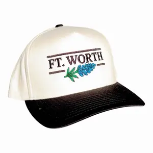 Fort Worth Bluebonnet Hat – Cream & Black with Texas State Flower Embroidery
