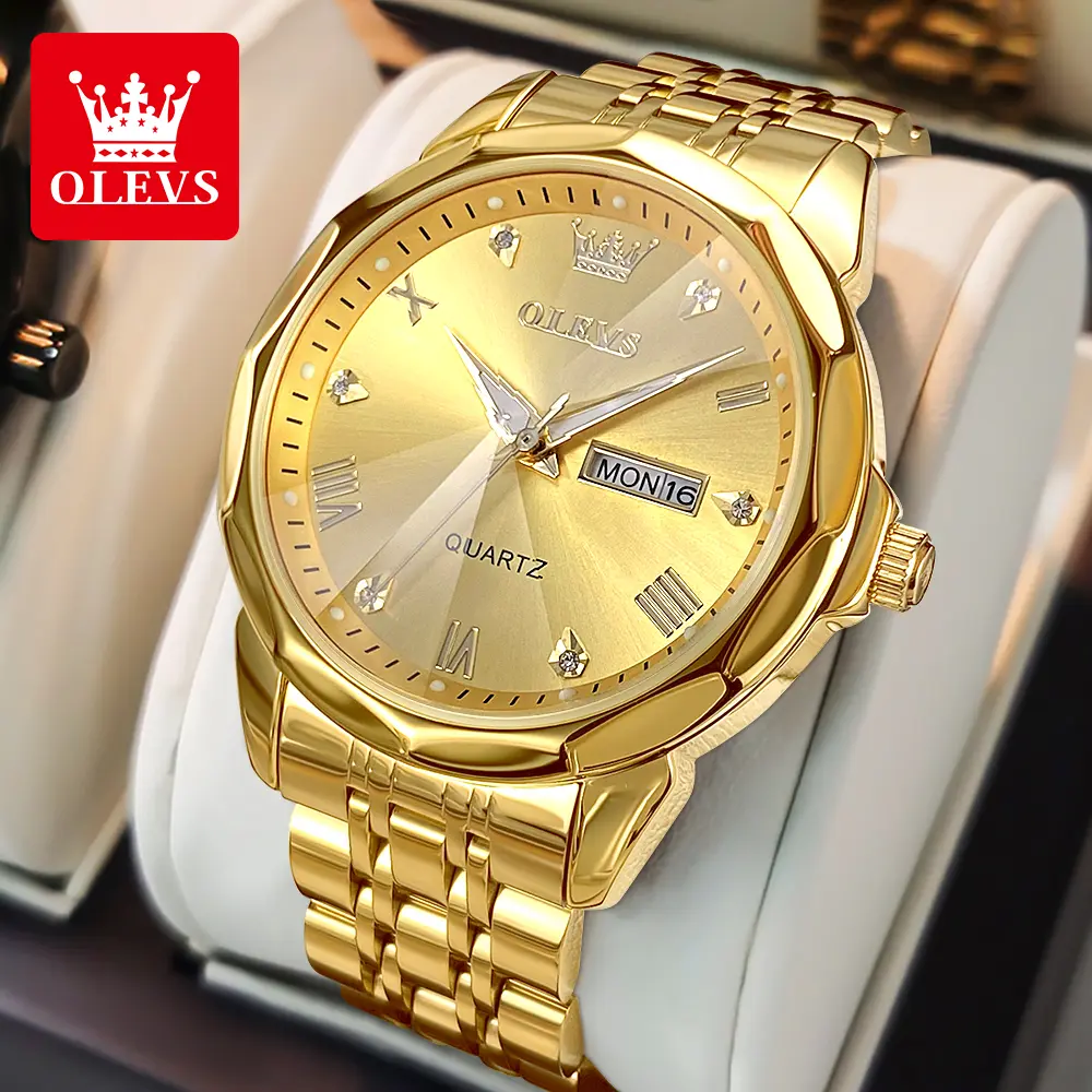 OLEVS Watch for Men Diamond Business Dress Analog Quartz Stainless Steel Waterproof Luminous Date Two Tone Luxury Casual Wrist Watch Blue