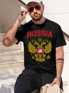 Coat of arms of Russia 2026 new model Black/White Tee Stylish & Comfortable Loose Crew Neck Short Sleeve T-shirts Versatile On Trend Eye Catching Printed Graphic Casual Tee for Daily Wear Outings