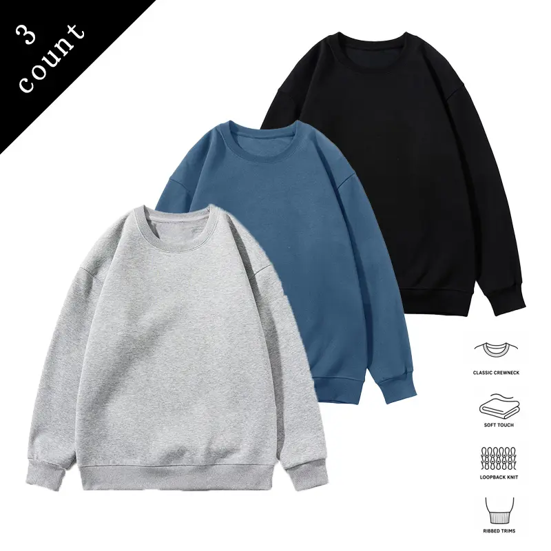 Men’s 3-pack crewneck sweatshirts, solid-color long-sleeve pullover tops, soft basic loose fit casual sweatshirts multi-pack