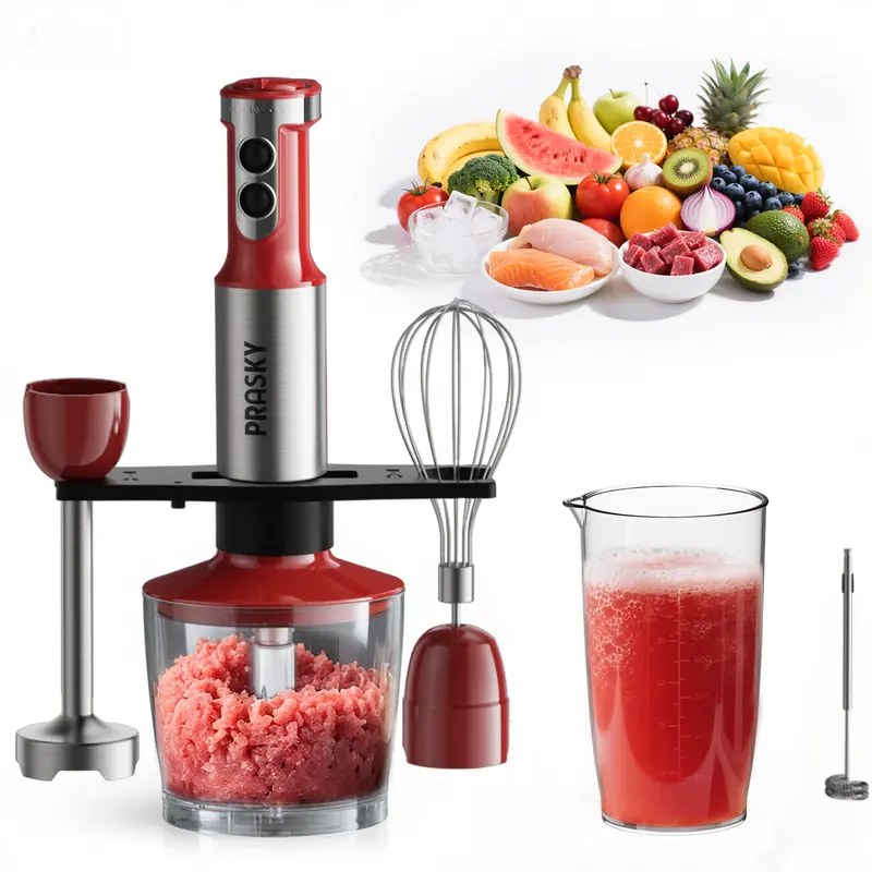 PRASKY Electric Immersion Blender, 500 to 999 W Motor, 20 Adjustable Speeds, Turbo Boost, US Plug, 800ml Plastic-Metal Mixing Beaker, 600ml Chopper Bowl, 4-Leaf Blades, Whisk Attachment, Milk Frother - Durable Multifunctional Kitchen Food Processor, 6-In-