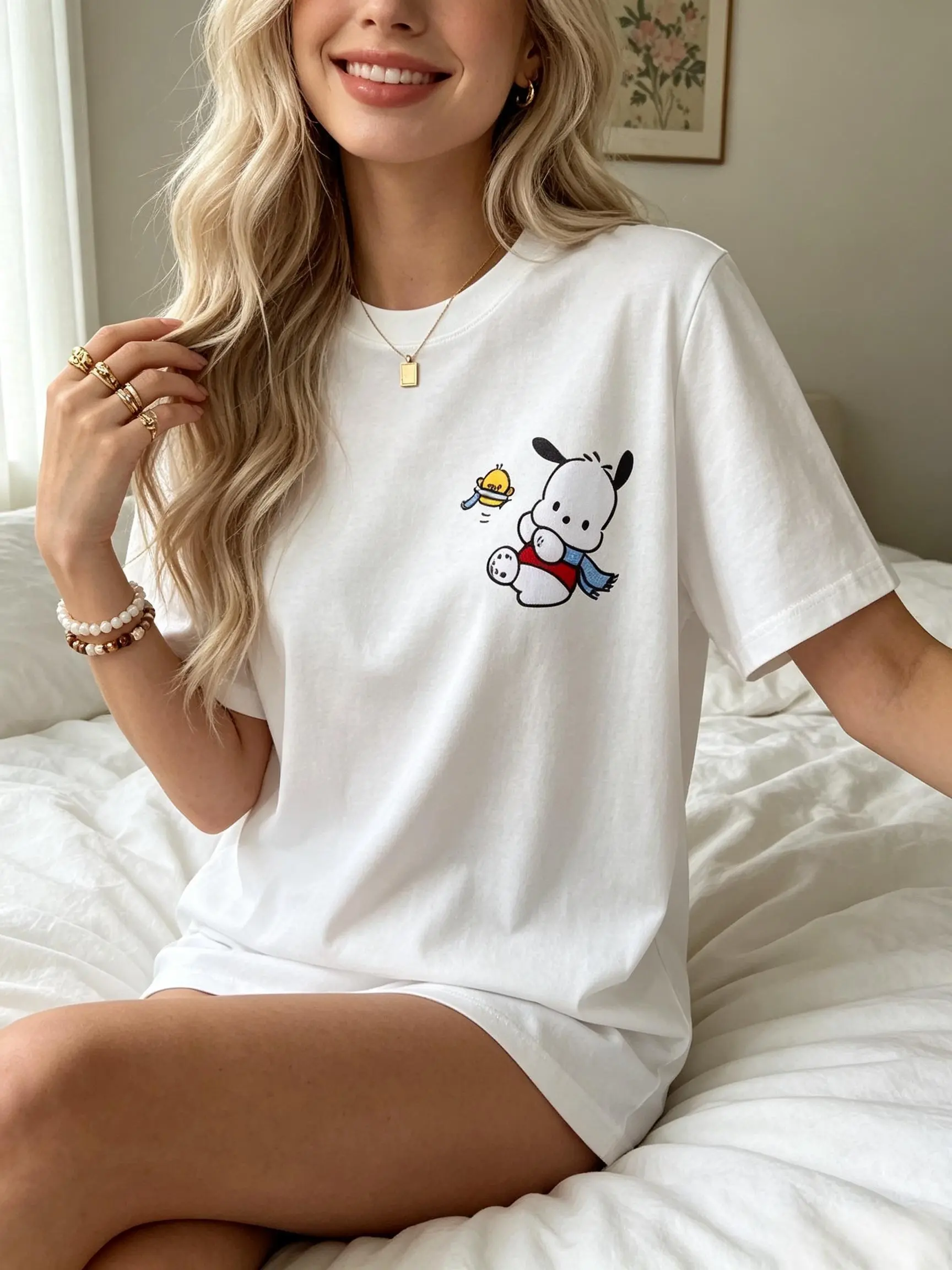 Women's Pochacco & Pi-Chan Casual Short-Sleeve Adult Tee, Comfortable Cotton Fabric, Shortsleeve, Fit, Tops, Breathable Blend