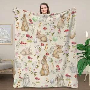 Easter Cozy Blanket Cute Watercolor Bunny Floral Design Soft Flannel for Spring Decor Easter Gifts Versatile Home Decor
