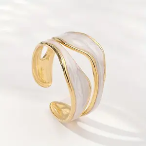 1pc Exquisite White/Dark Blue/Green/Steel White Enamel Creative Ring • Stainless Steel Irregular Opening Adjustable Ring For Men