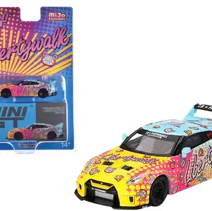 Nissan 35GT-RR Ver.1 Limited Edition 1/64 Diecast Model Car with Light Blue and Yellow Graphics, "LBWK KUMA" by Mini GT