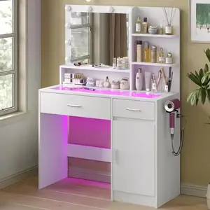 Vanity Desk With Mirror And 3 Lighting Modes 10 USB Power LED Lights, 40" Makeup Vanity With Glass Top & Power Outlet, Vanity With 36 Lighting Modes Brightness Adjustable RGB Drawers,Dressing Table For Women Girls Bedroom, White